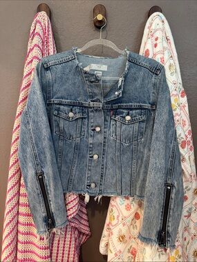Levi's Blue Distressed Cropped Denim Jacket with Sleeve Zippers